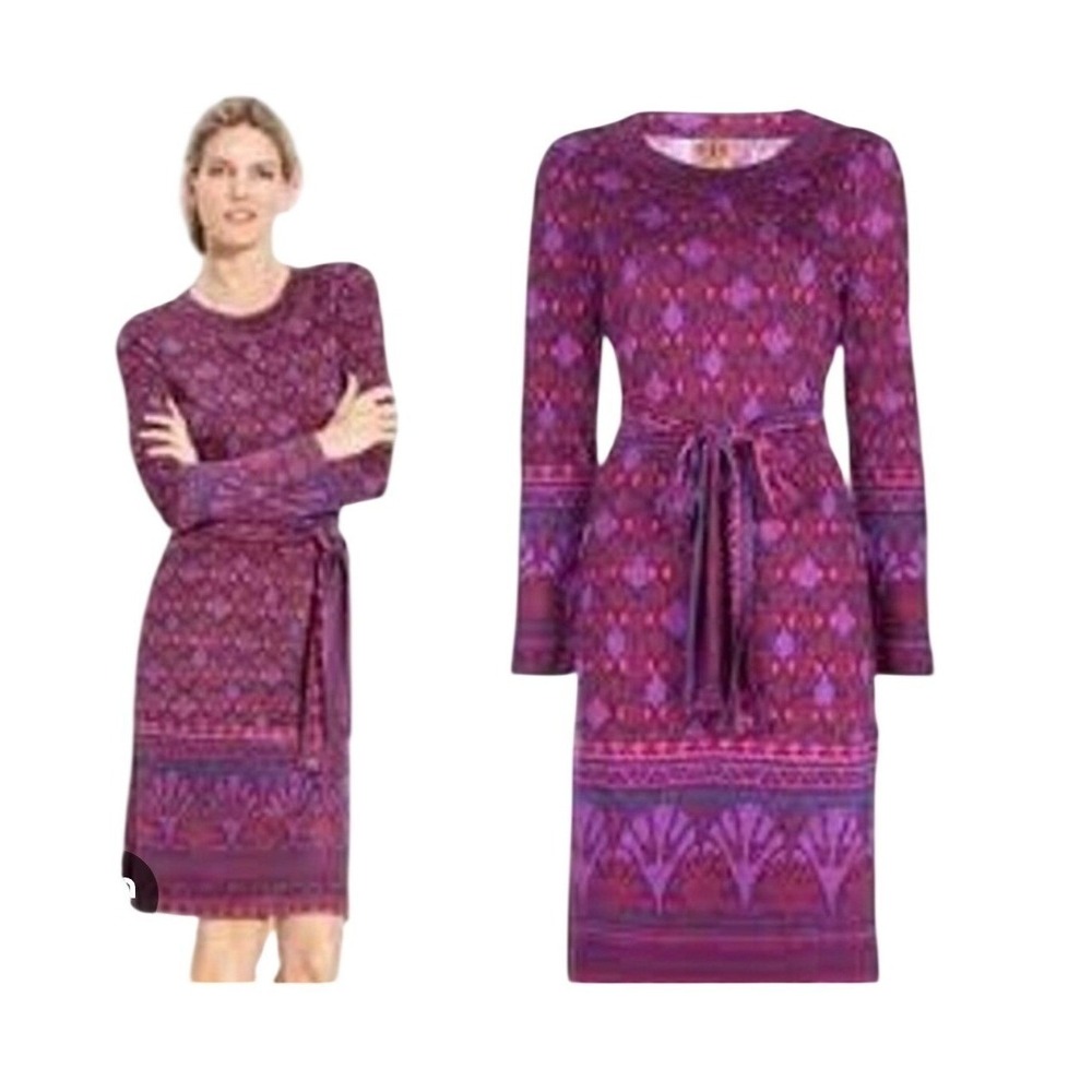 Tory Burch Pink Purple Geometric Floral Jersey Long Sleeve Belted Dress XL